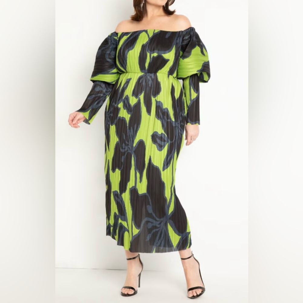 Elegant Green and Black Off-Shoulder Dress